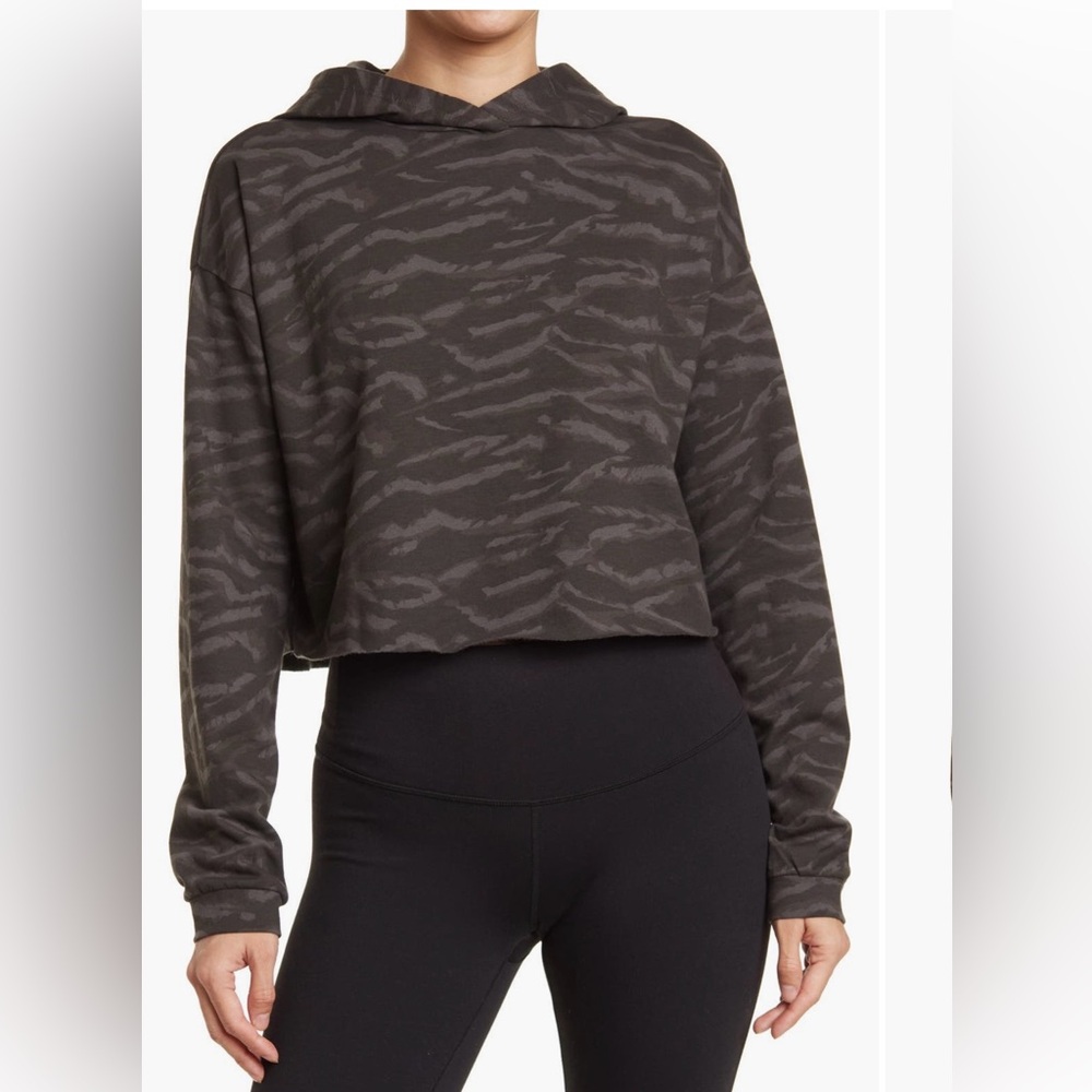 Zella sweatshirt: cropped, hooded style in charcoal zebra pattern